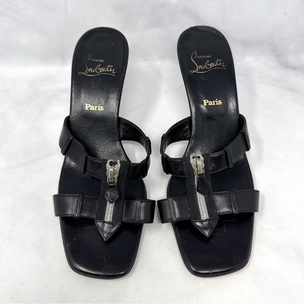 Christian Louboutin Vintage Y2K Leather Zipper Slide Mule Sandal Heel Black 38.5